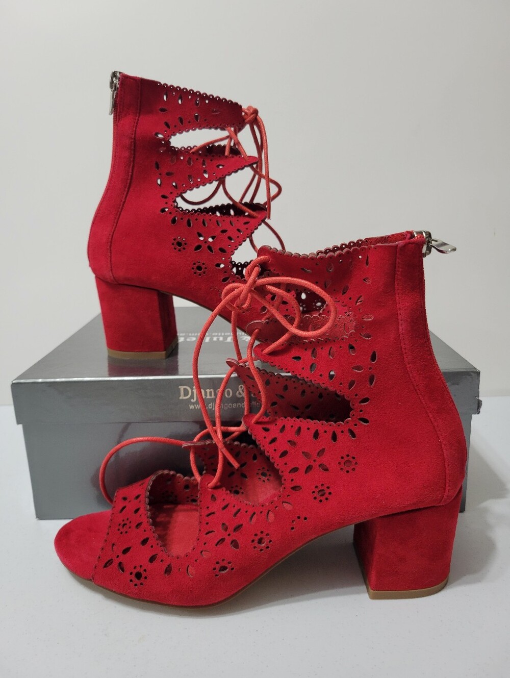 Django & Juliette Red Laser-Cut Lace-Up Sandal Boots - Size 39